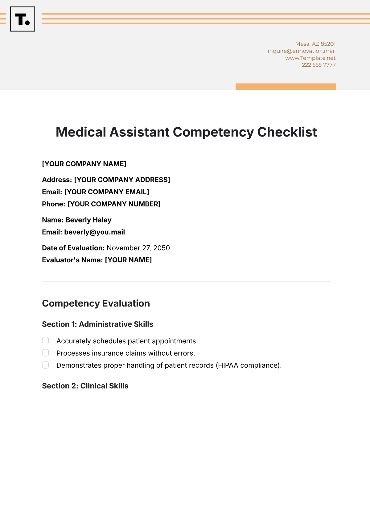 Medical Assistant Competency Checklist Template - Edit Online & Download