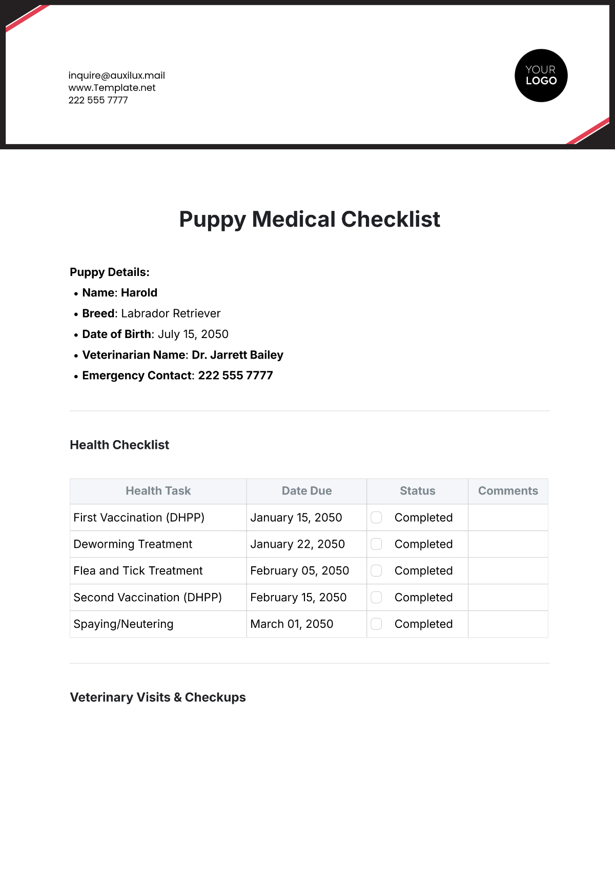 Puppy Medical Checklist Template - Edit Online & Download