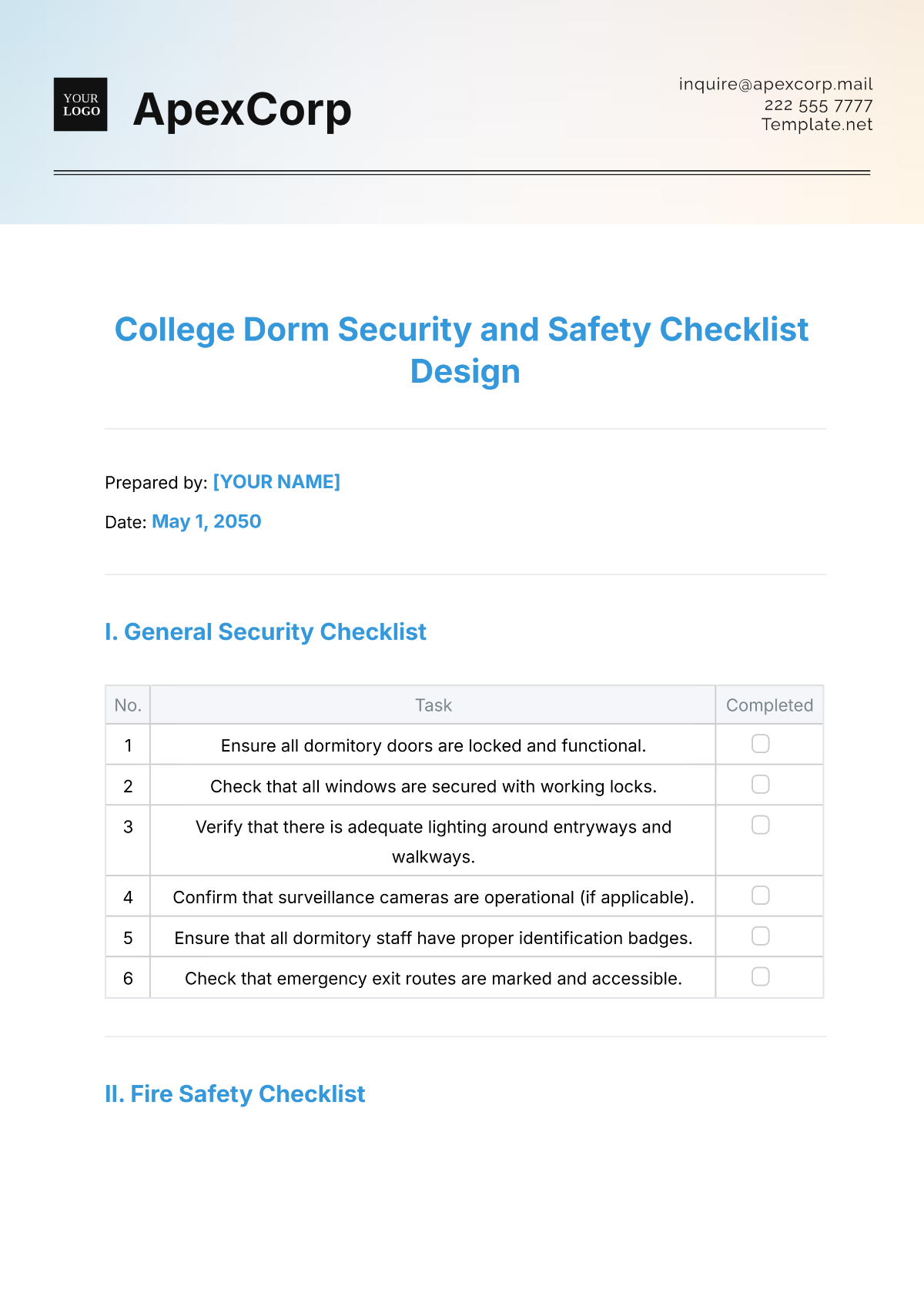 College Dorm Security and Safety Checklist Design Template - Edit Online & Download