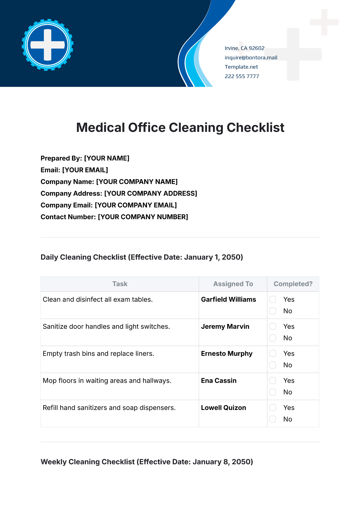 Medical Office Cleaning Checklist Template - Edit Online & Download