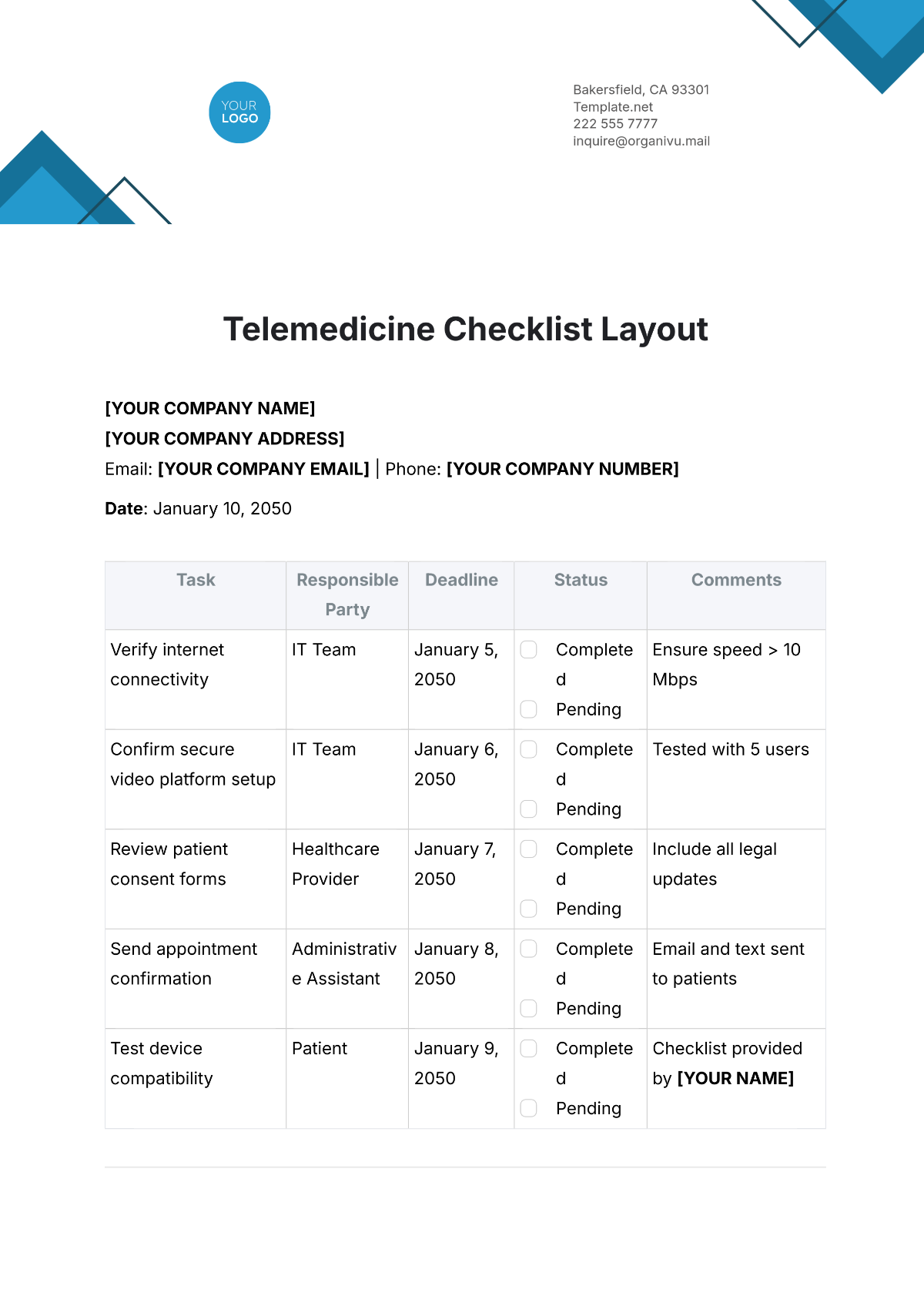 Telemedicine Checklist Layout Template - Edit Online & Download