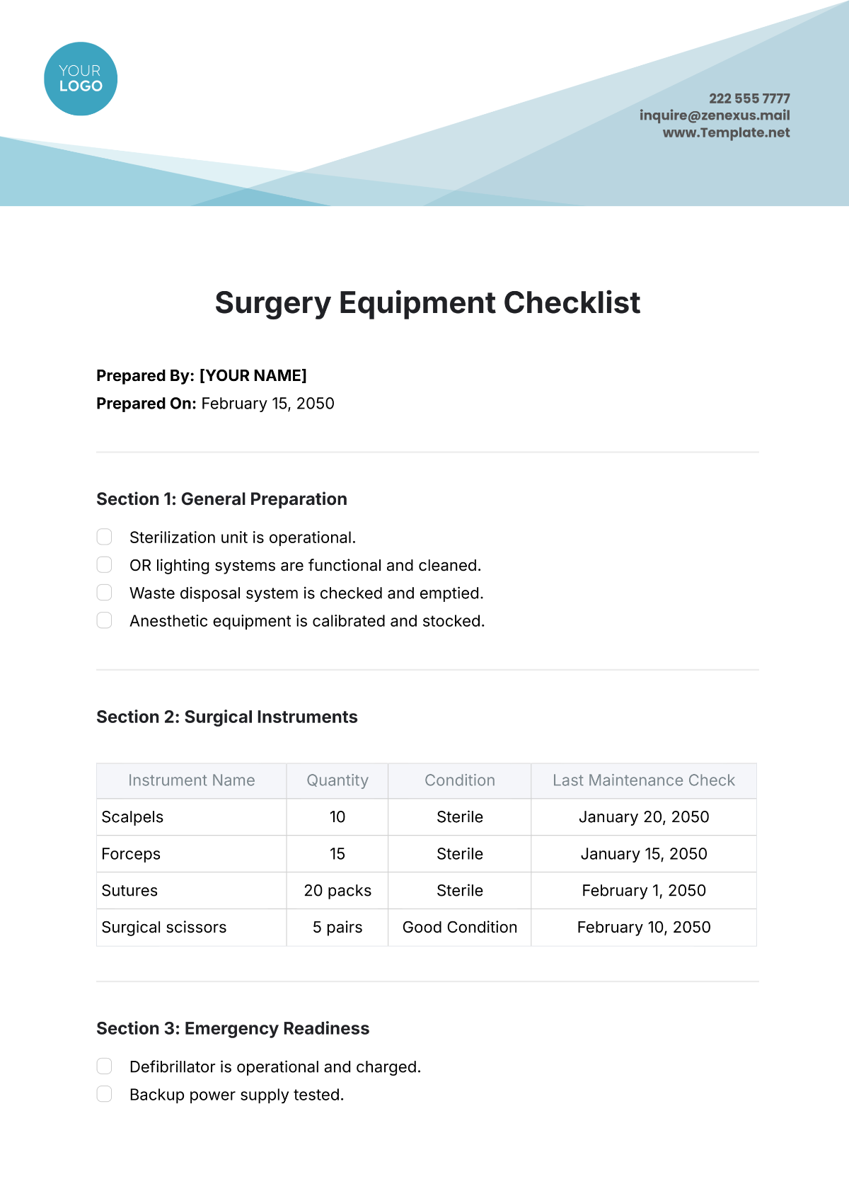 Surgery Equipment Checklist Template - Edit Online & Download