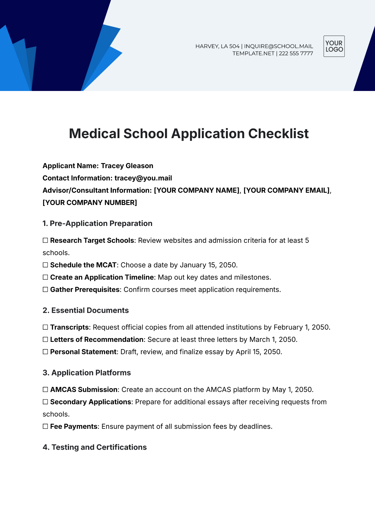 Medical School Application Checklist Template - Edit Online & Download