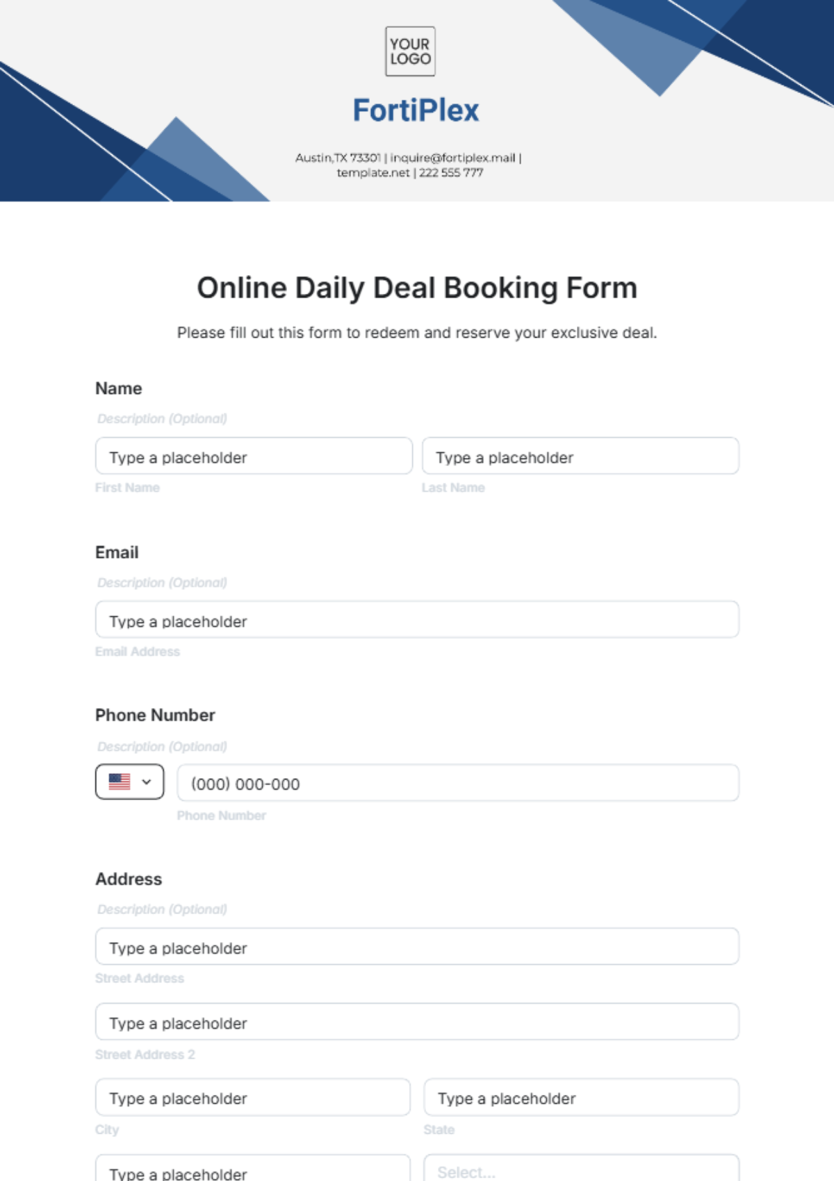 Online Daily Deal Booking Form Template