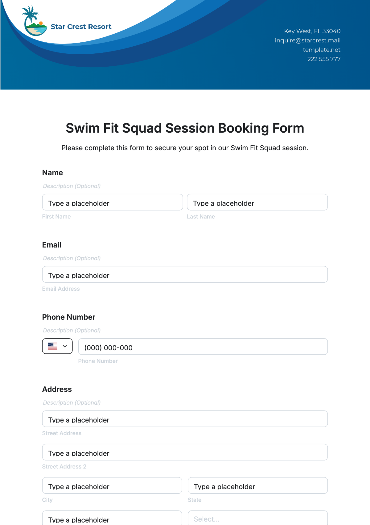 Swim Fit Squad Session Booking Form Template