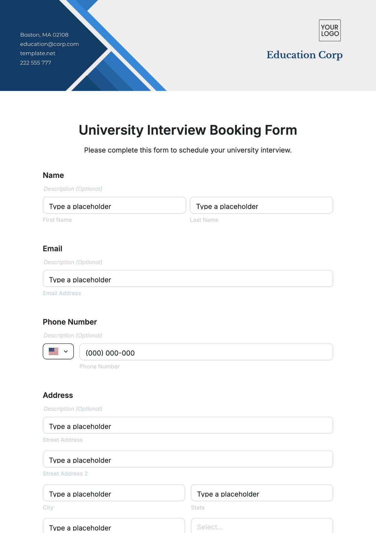 University Interview Booking Form Template