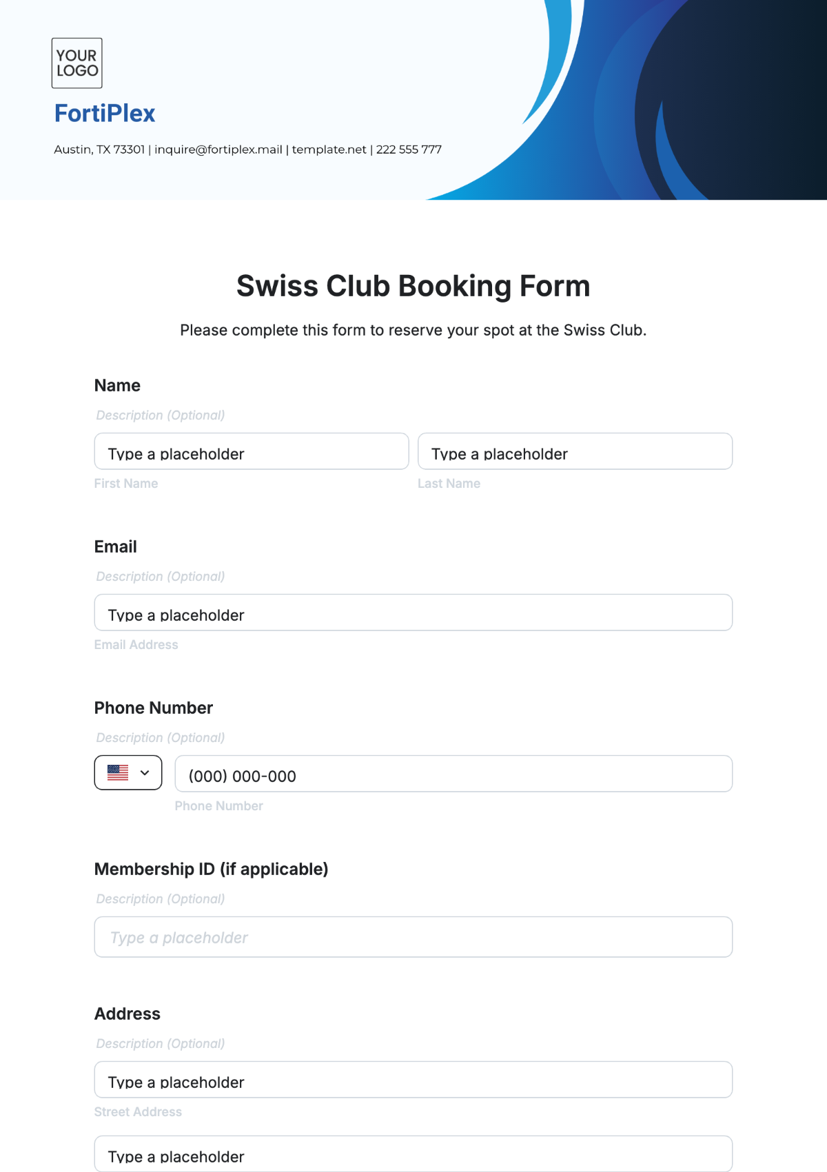 Swiss Club Booking Form Template