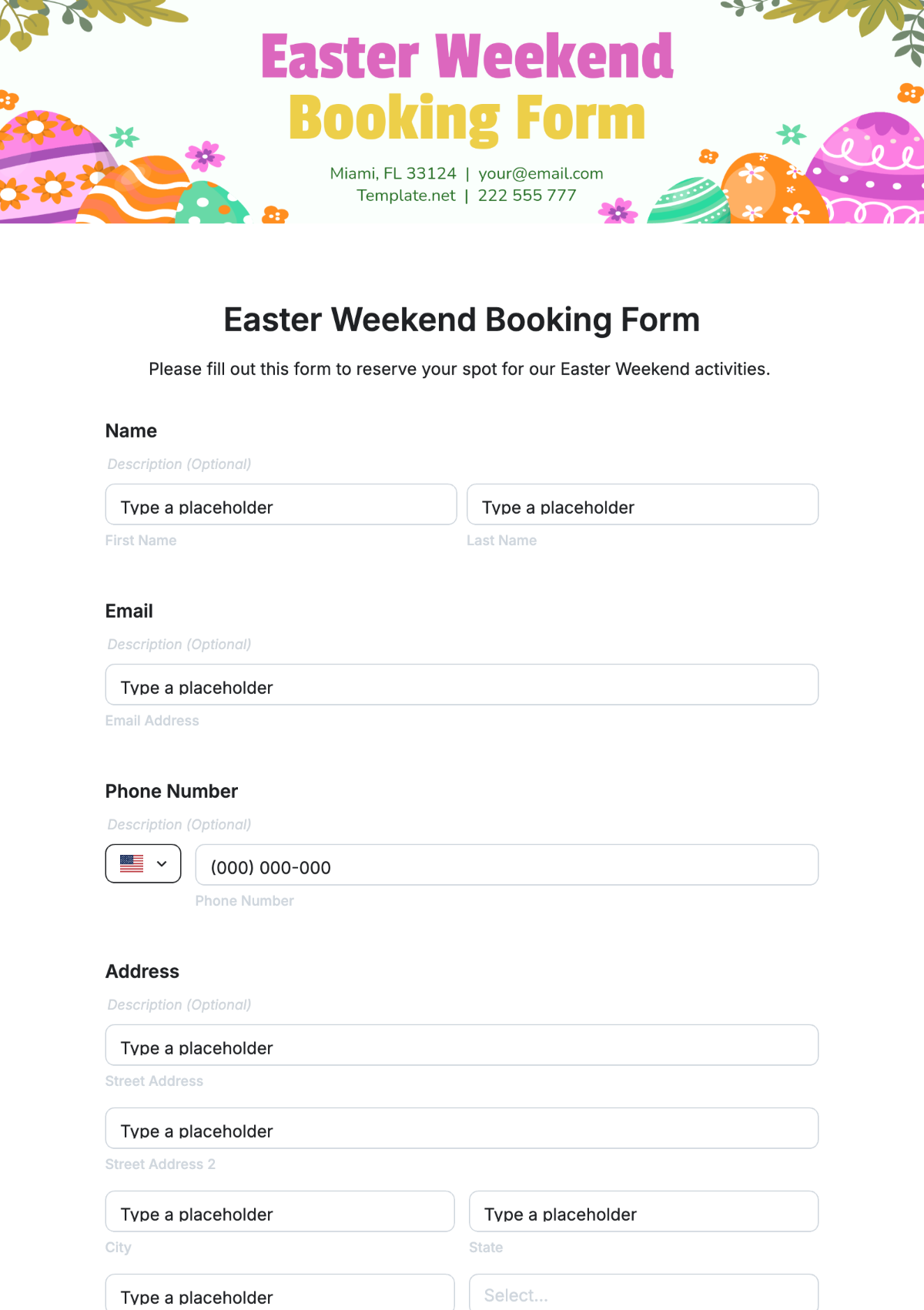 Easter Weekend Booking Form Template