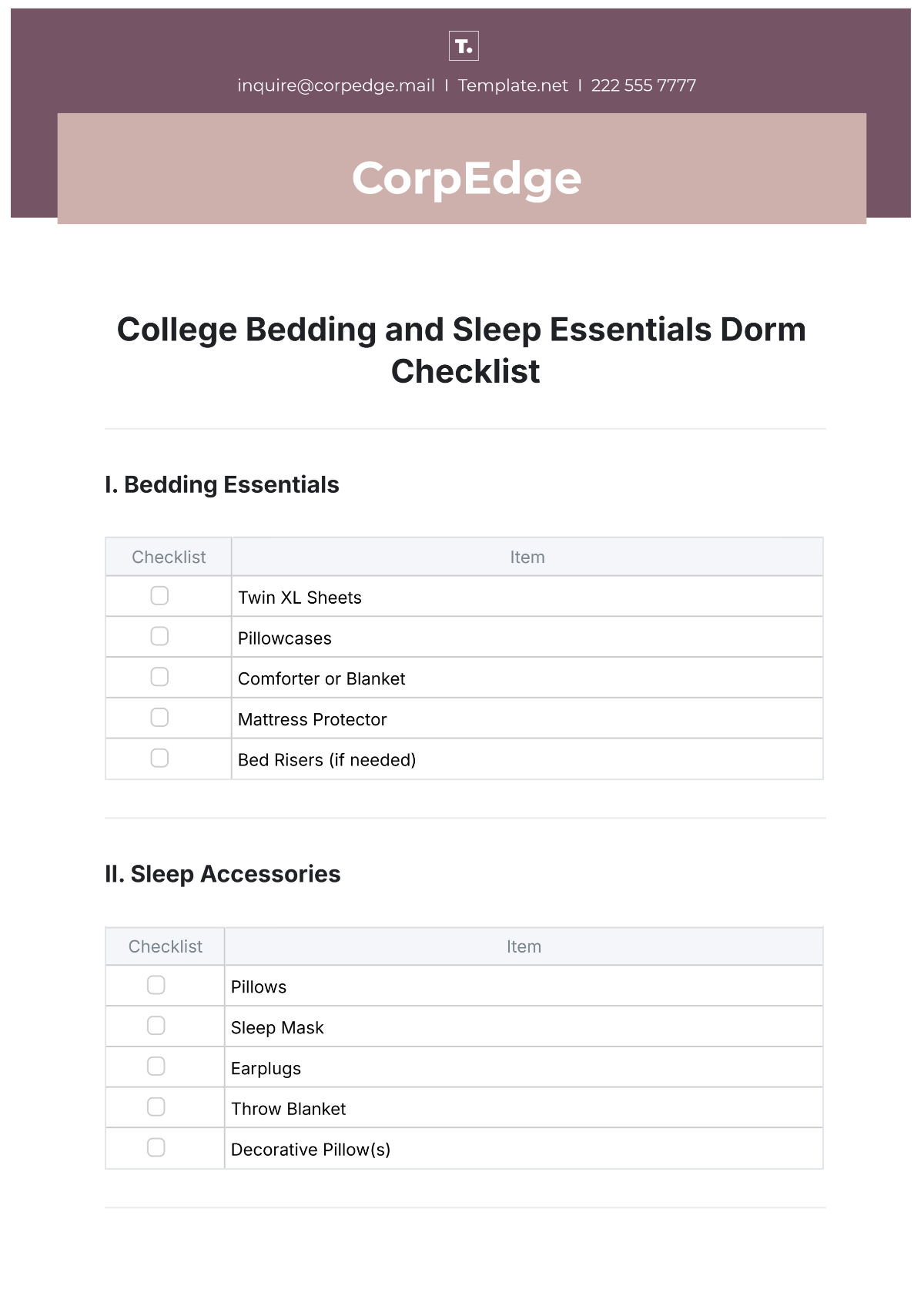 College Bedding and Sleep Essentials Dorm Checklist Template - Edit Online & Download