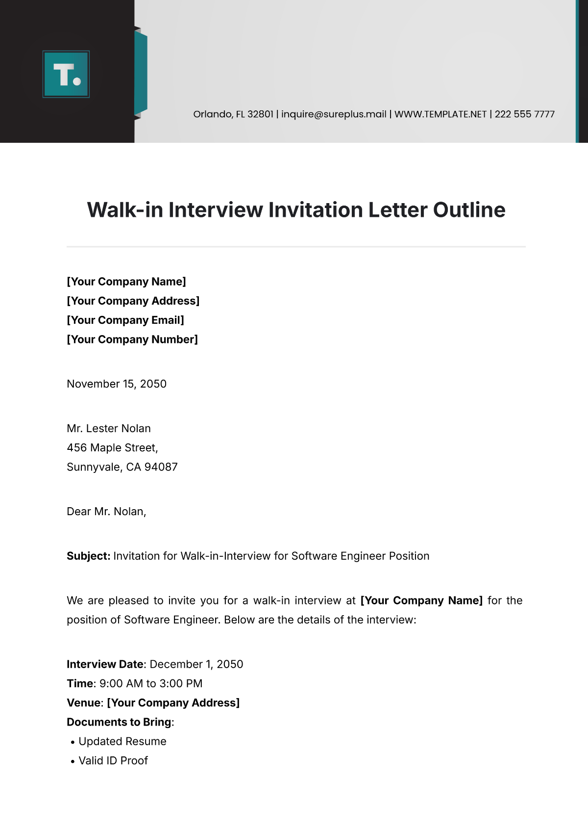 Walk-in Interview Invitation Letter Outline Template - Edit Online & Download