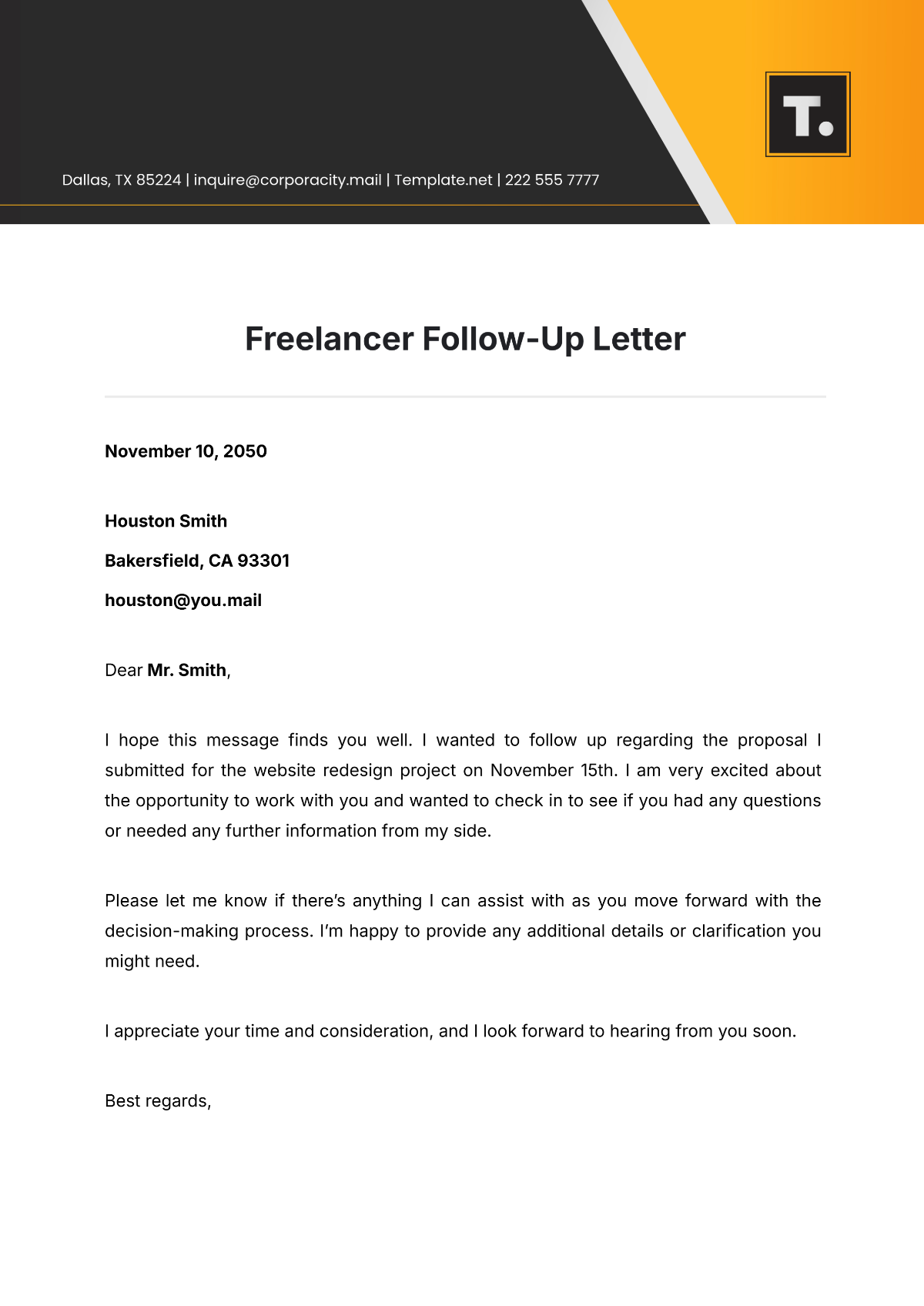 Freelancer Follow-Up Letter Template - Edit Online & Download