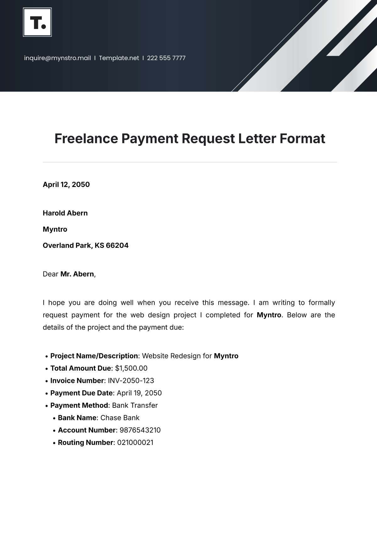 Freelance Payment Request Letter Format Template - Edit Online & Download