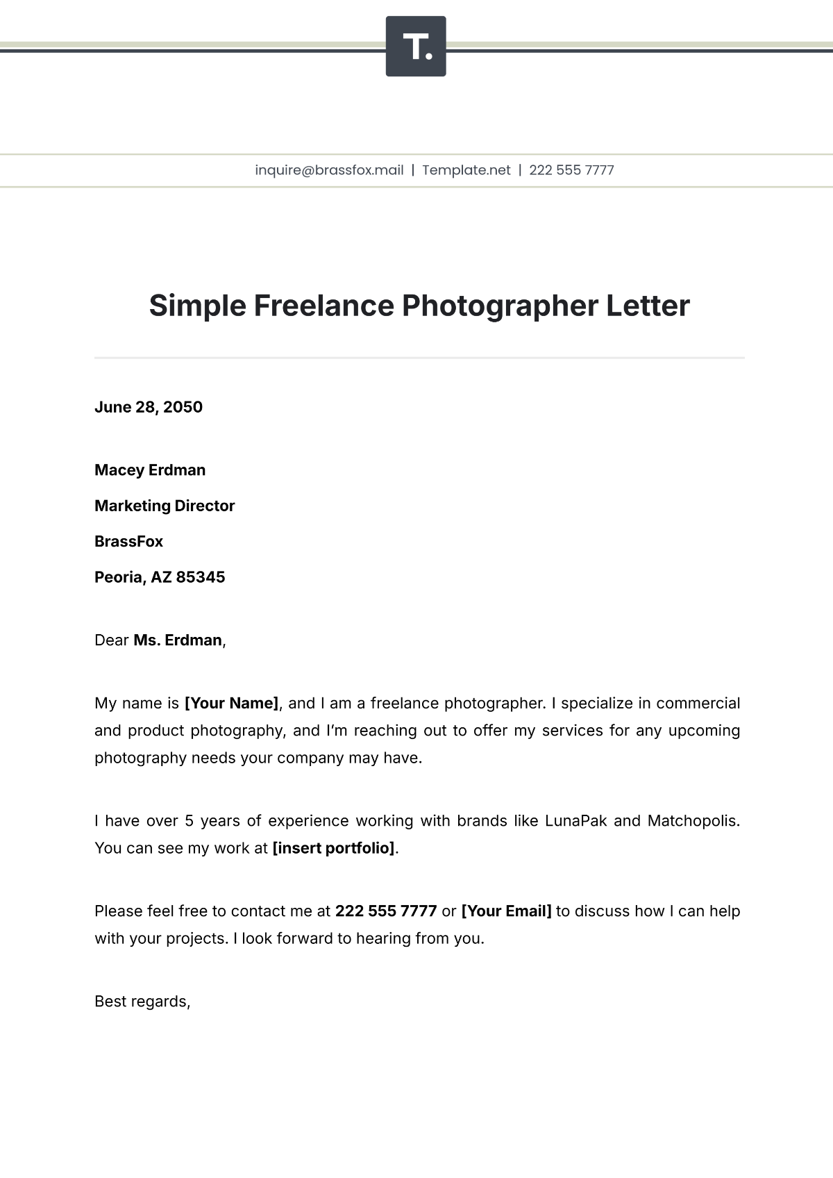 Free Simple Freelance Photographer Letter Template to Edit Online