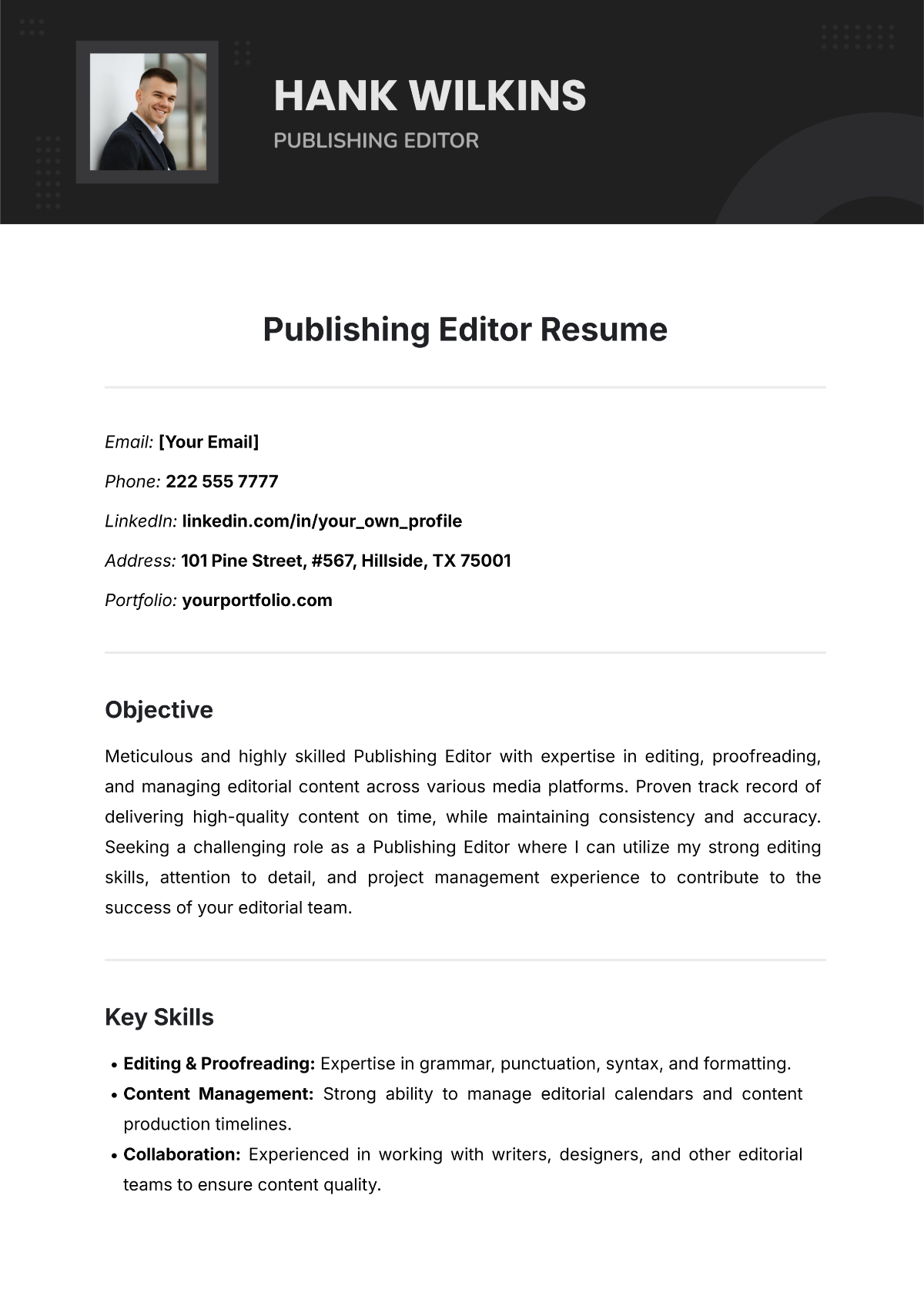 Publishing Editor Resume Template - Edit Online & Download