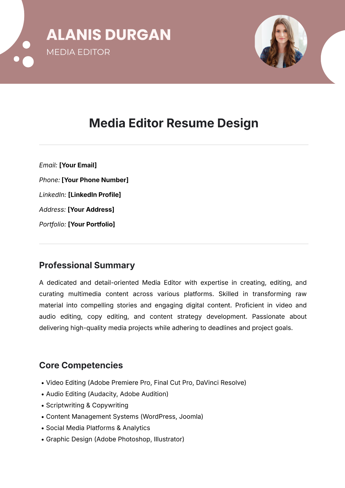 Media Editor Resume Design Template - Edit Online & Download