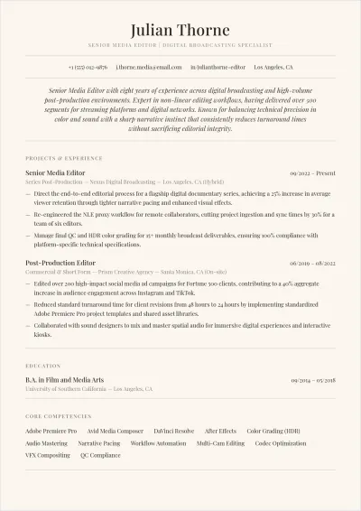 Free Media Editor ATS Resume Template, AI Resume Builder