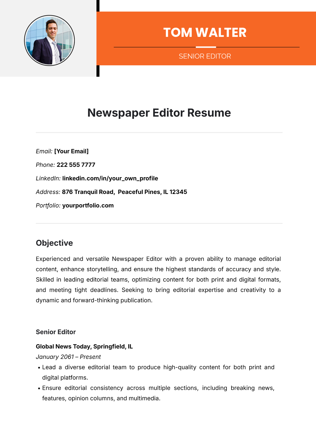 Newspaper Editor Resume Template - Edit Online & Download