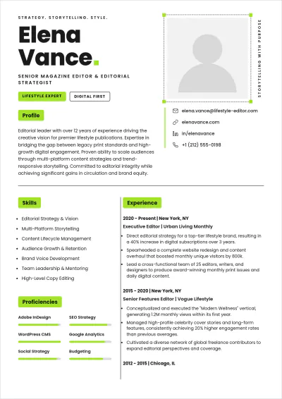 Free Magazine Editor ATS Resume Template, AI Resume Builder
