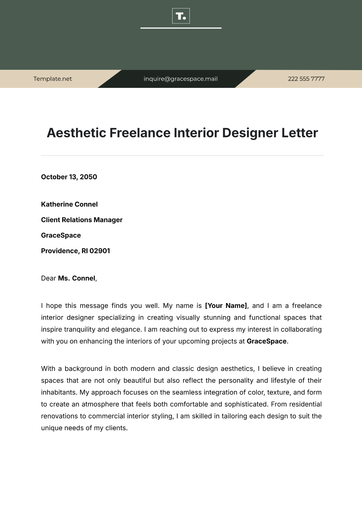 Aesthetic Freelance Interior Designer Letter Template - Edit Online & Download