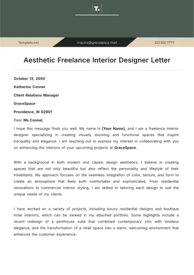 Free Aesthetic Freelance Interior Designer Letter Template to Edit Online