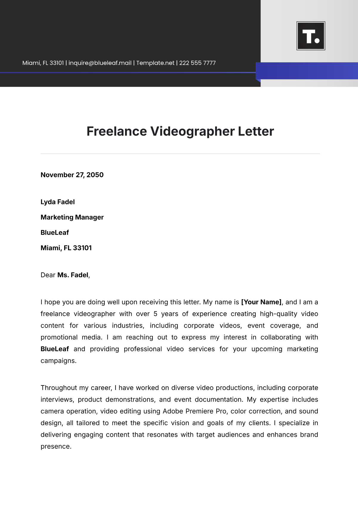 Freelance Videographer Letter Template - Edit Online & Download