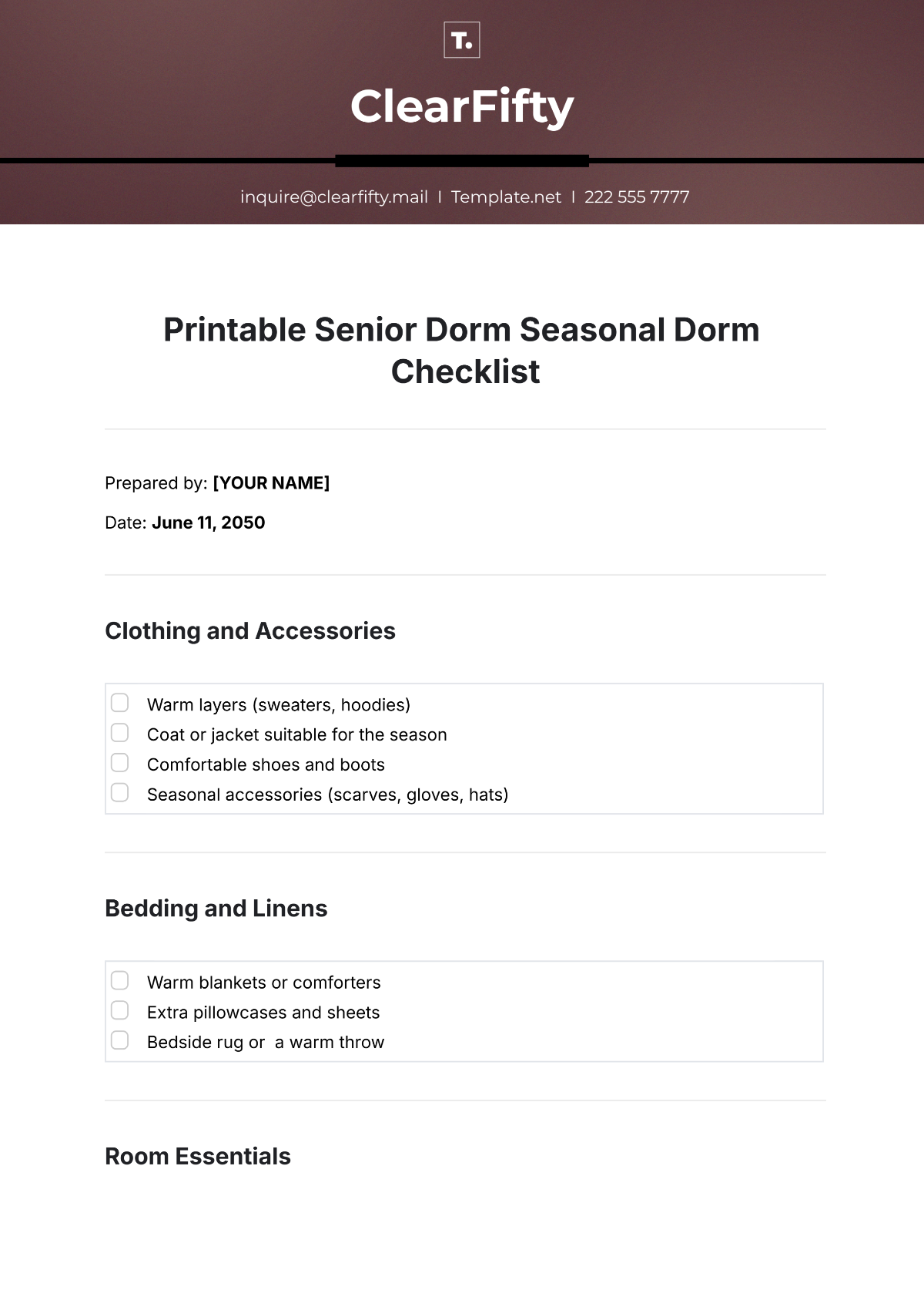 Printable Senior Dorm Seasonal Dorm Checklist Template - Edit Online & Download