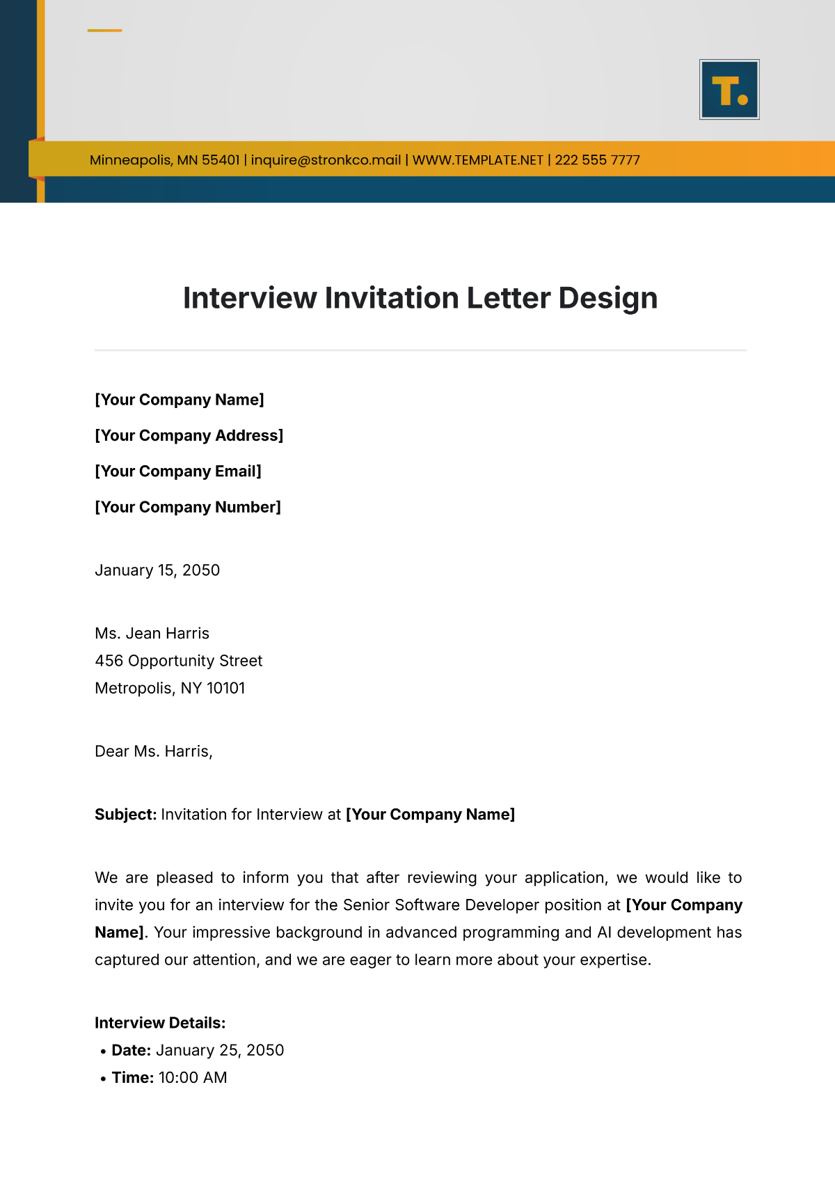 Interview Invitation Letter Design Template - Edit Online & Download