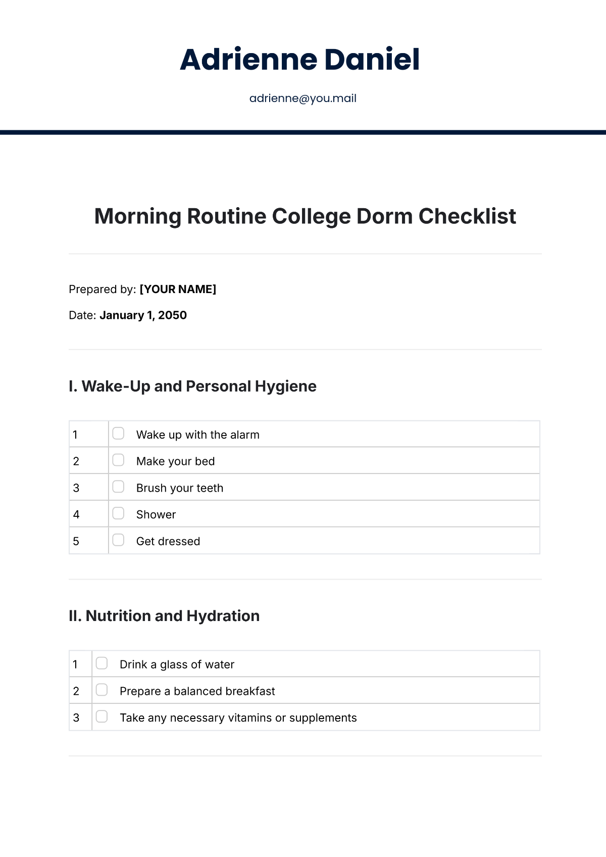 Morning Routine College Dorm Checklist Template - Edit Online & Download