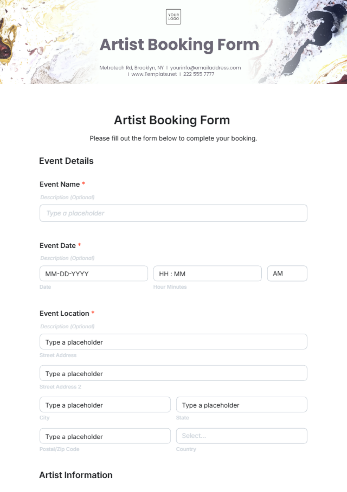 Artist Booking Form Template - Edit Online & Download