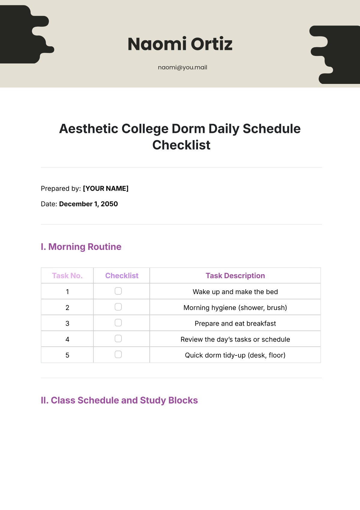 Aesthetic College Dorm Daily Schedule Checklist Template - Edit Online & Download