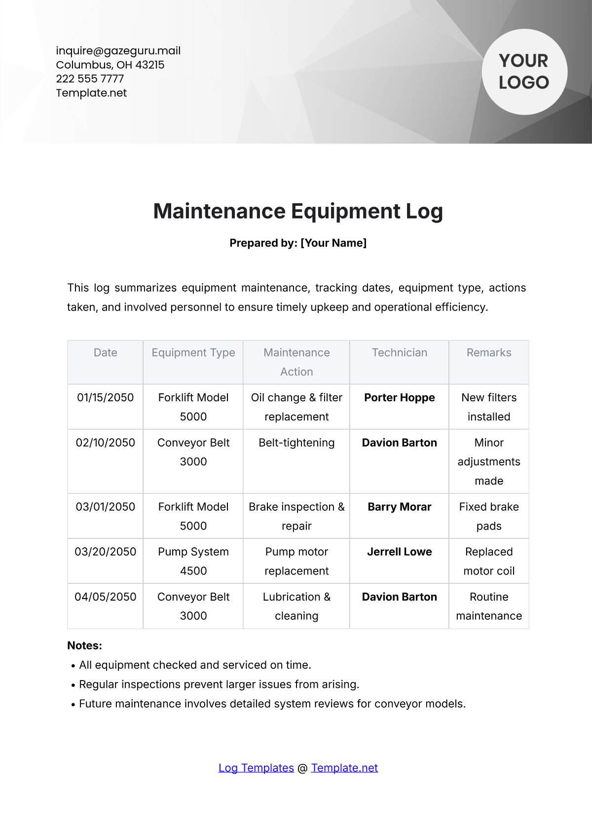 Maintenance Equipment Log Template - Edit Online & Download