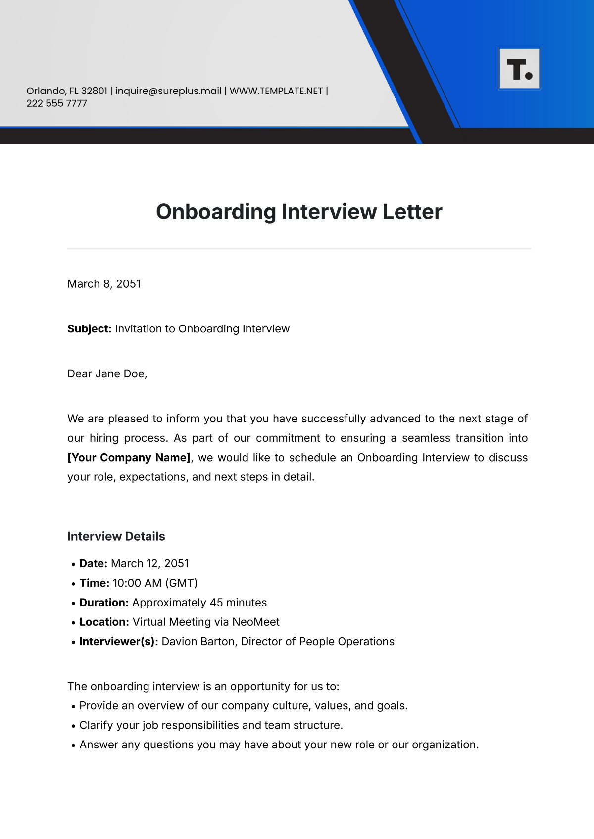 Onboarding Interview Letter Template - Edit Online & Download