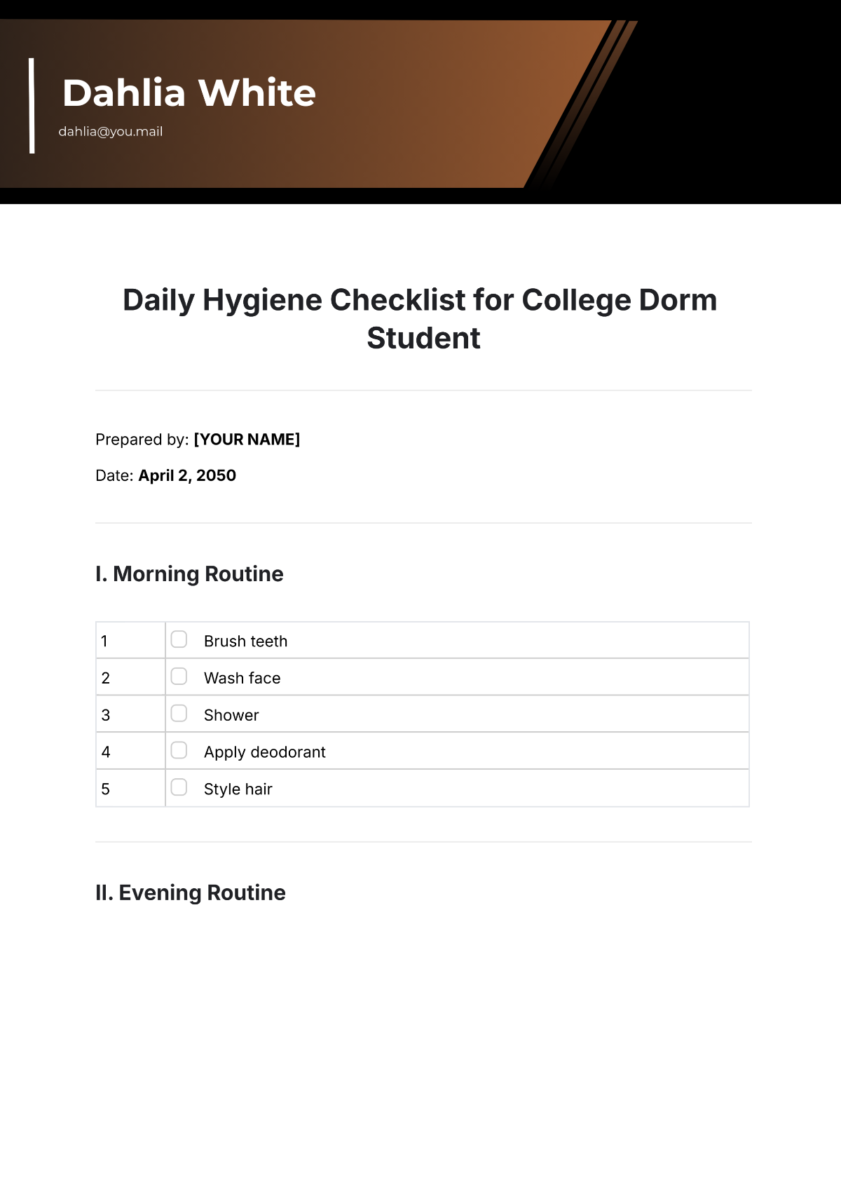 Daily Hygiene Checklist for College Dorm Student Template - Edit Online & Download