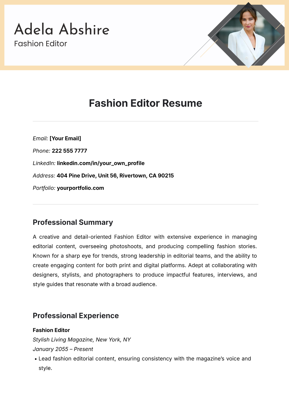 Fashion Editor Resume Template - Edit Online & Download