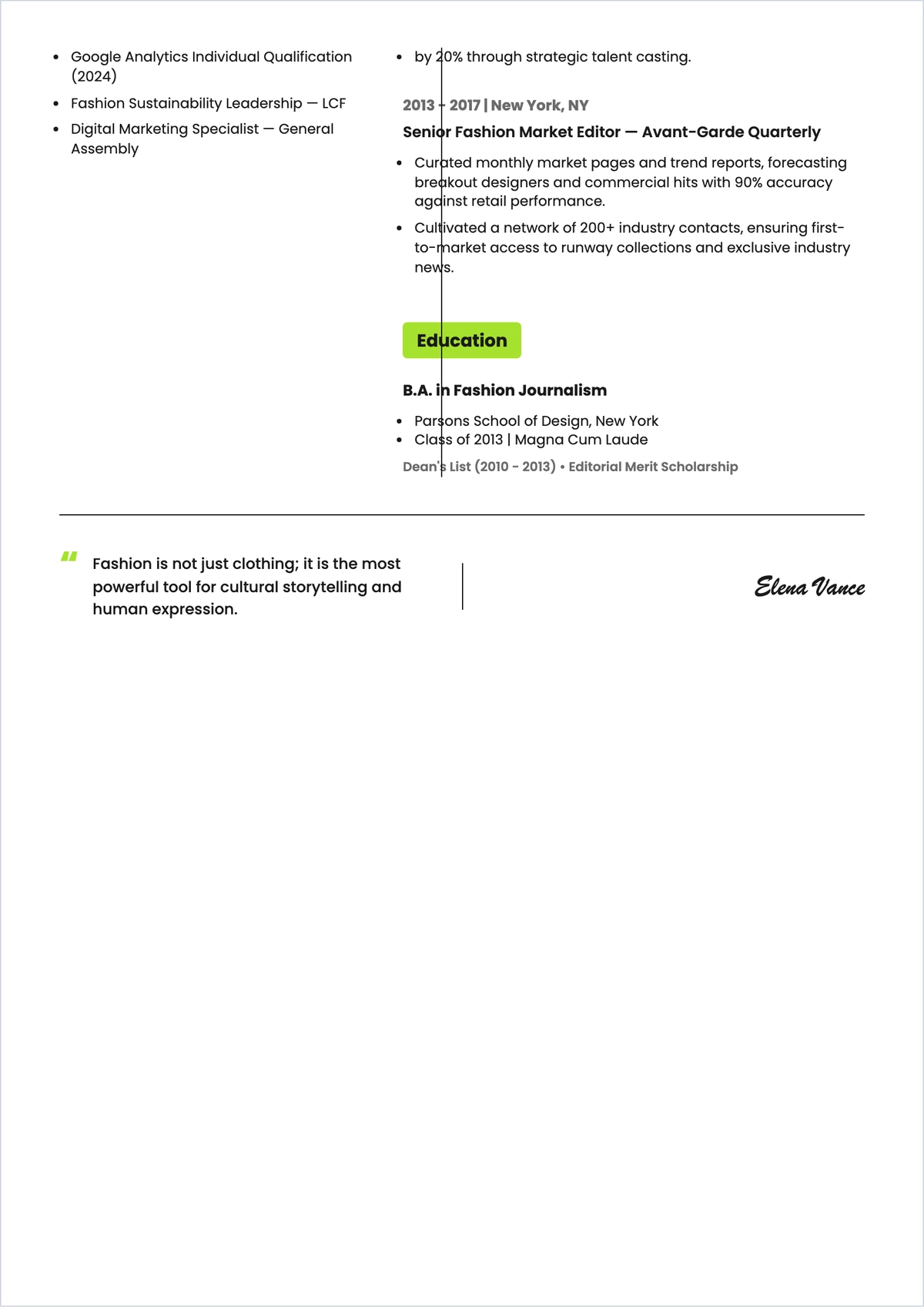 Free Fashion Editor ATS Resume Template, AI Resume Builder