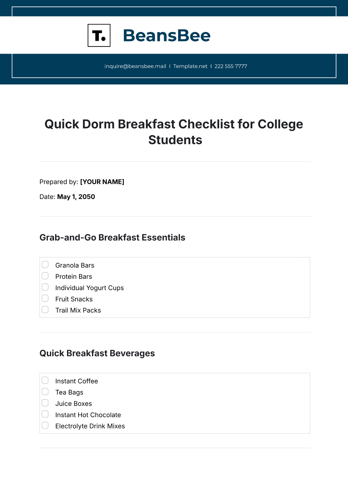 Quick Dorm Breakfast Checklist for College Students Template - Edit Online & Download