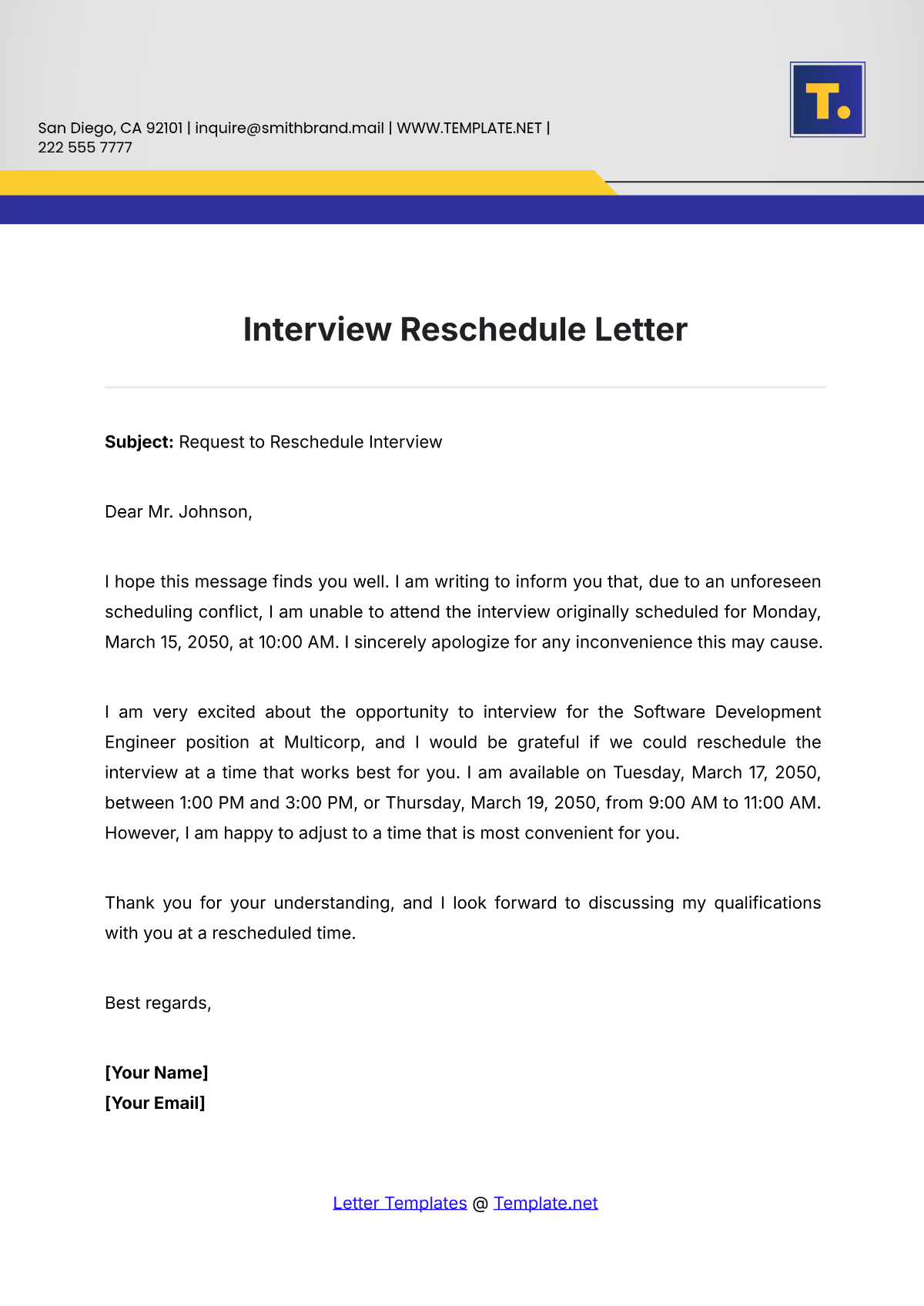 Interview Reschedule Letter Template