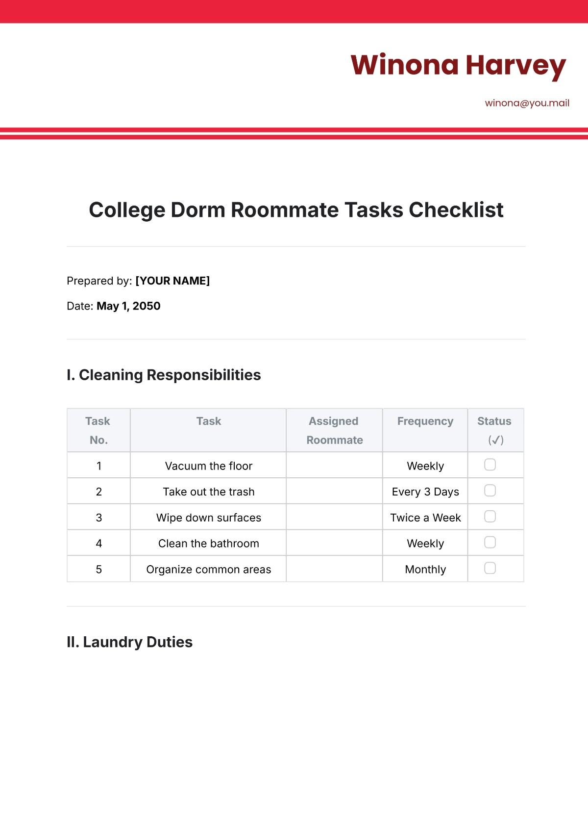 College Dorm Roommate Tasks Checklist Template - Edit Online & Download