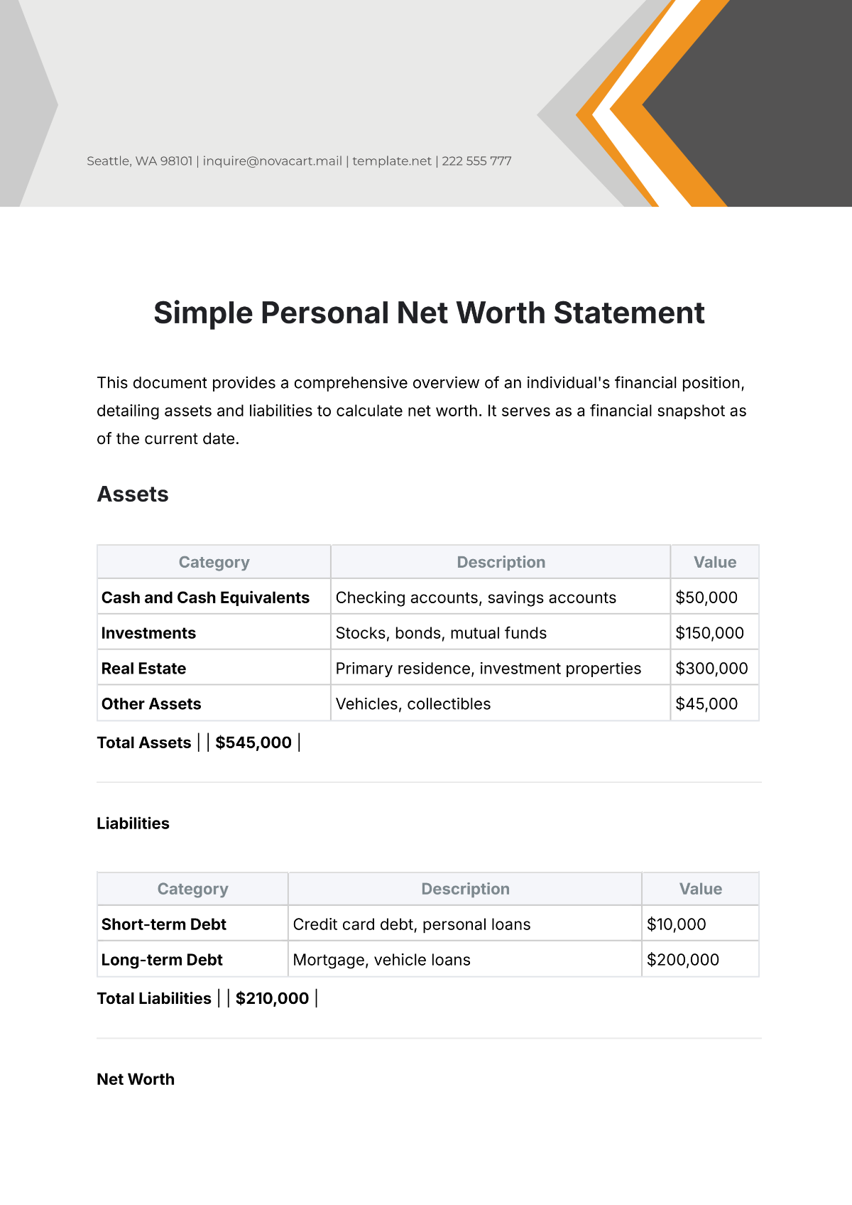 Simple Personal Net Worth Statement Template - Edit Online & Download