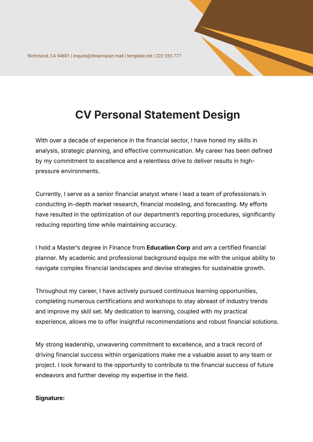 CV Personal Statement Design Template - Edit Online & Download