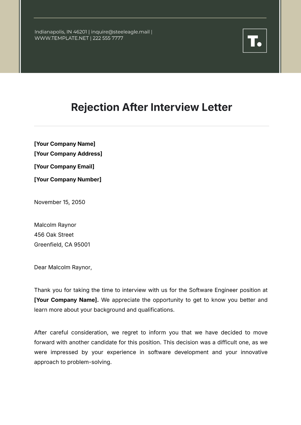 Rejection After Interview Letter Template - Edit Online & Download