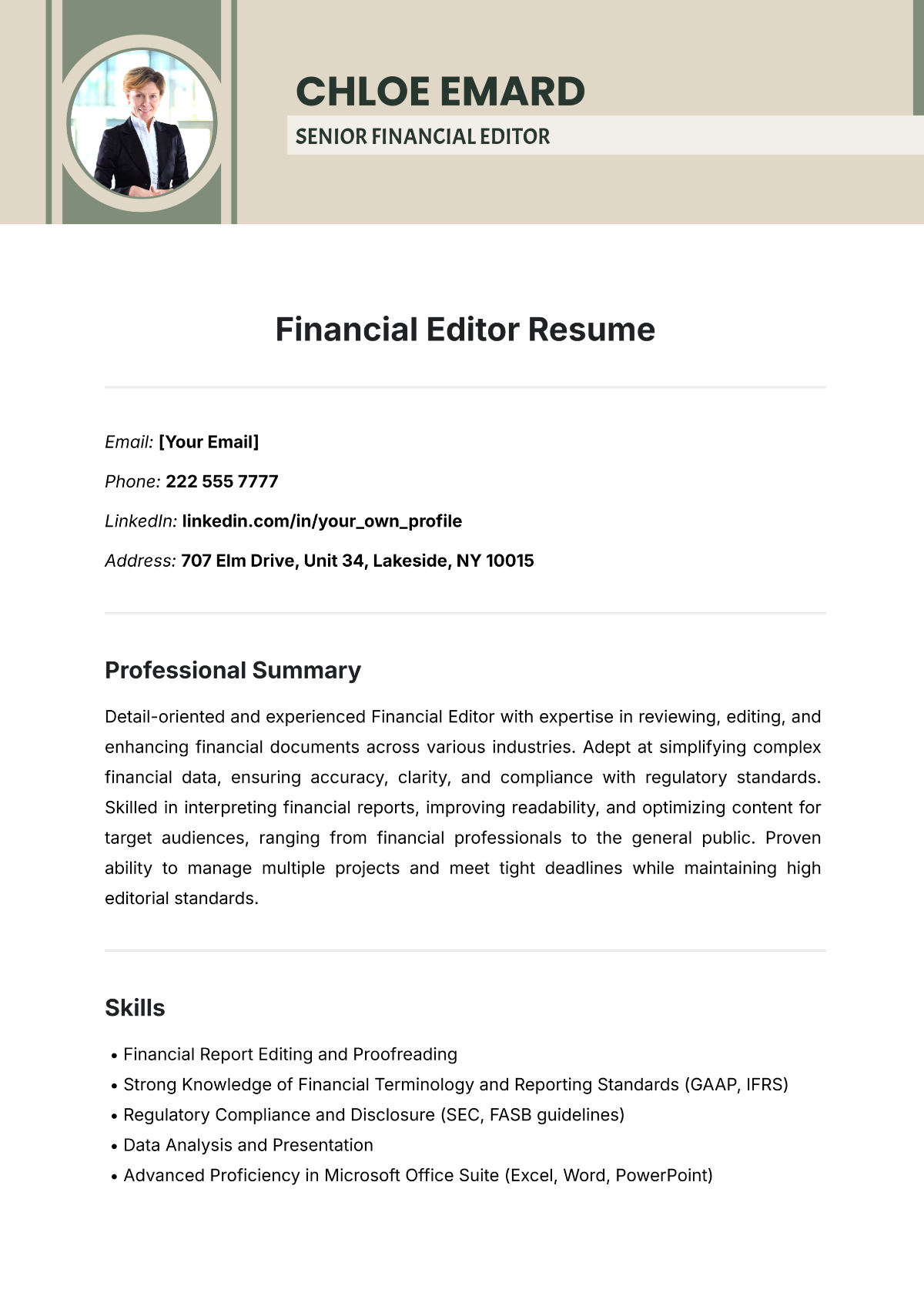 Financial Editor Resume Template - Edit Online & Download