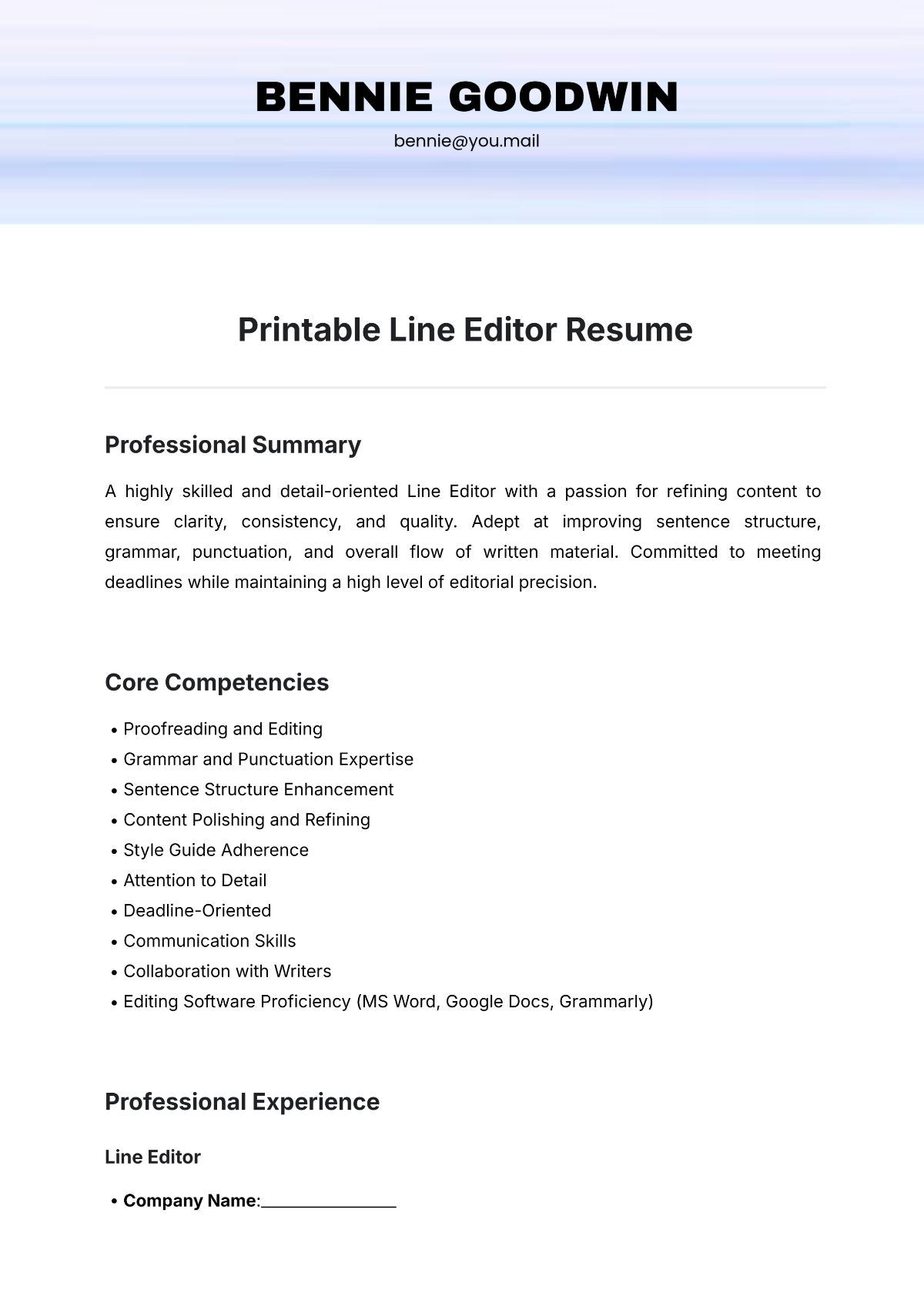 Printable Line Editor Resume Template - Edit Online & Download