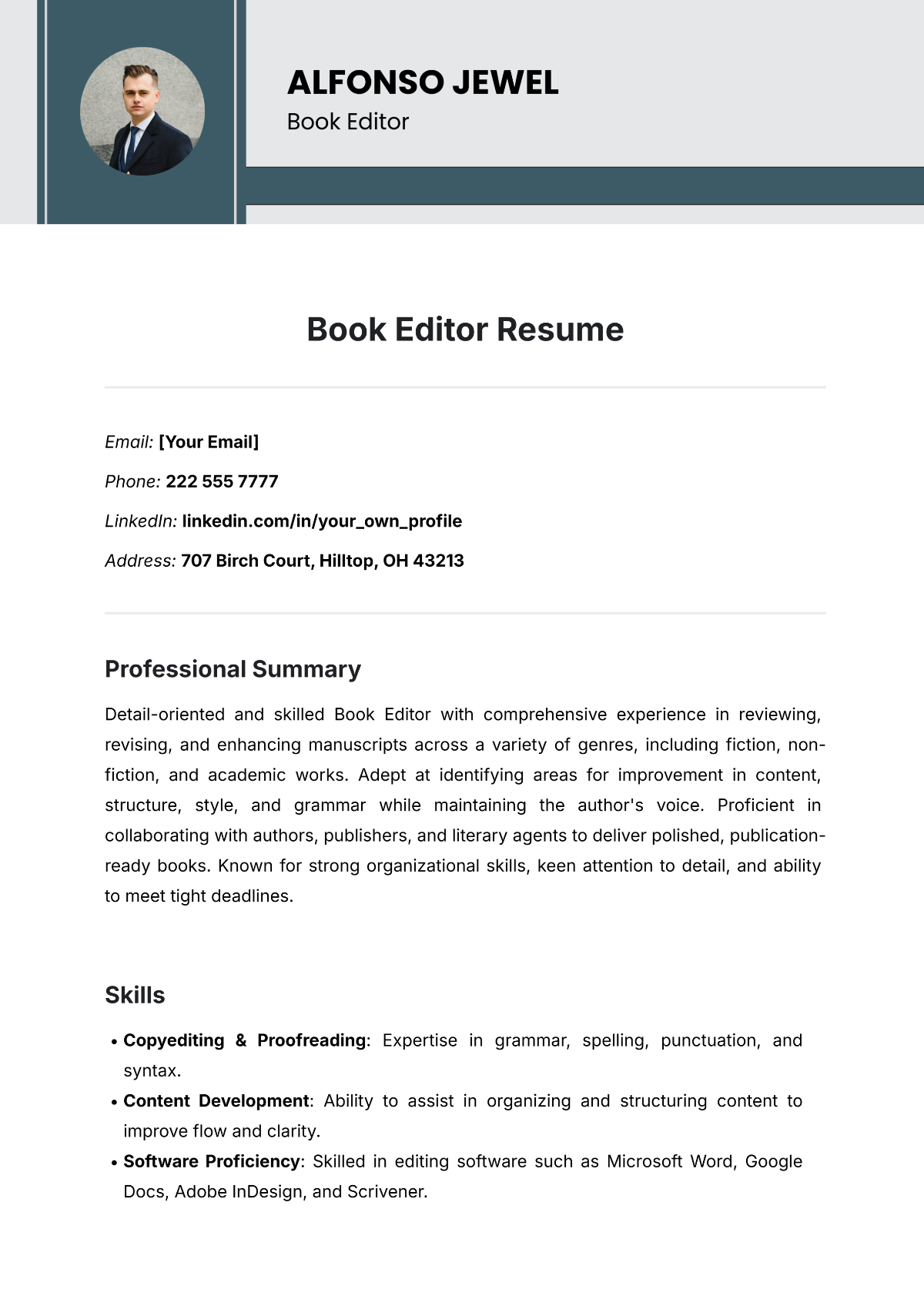 Book Editor Resume Template - Edit Online & Download