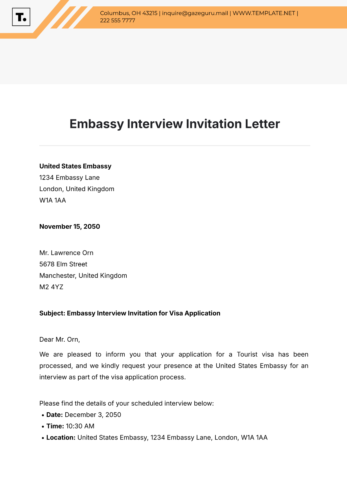 Embassy Interview Invitation Letter Template - Edit Online & Download