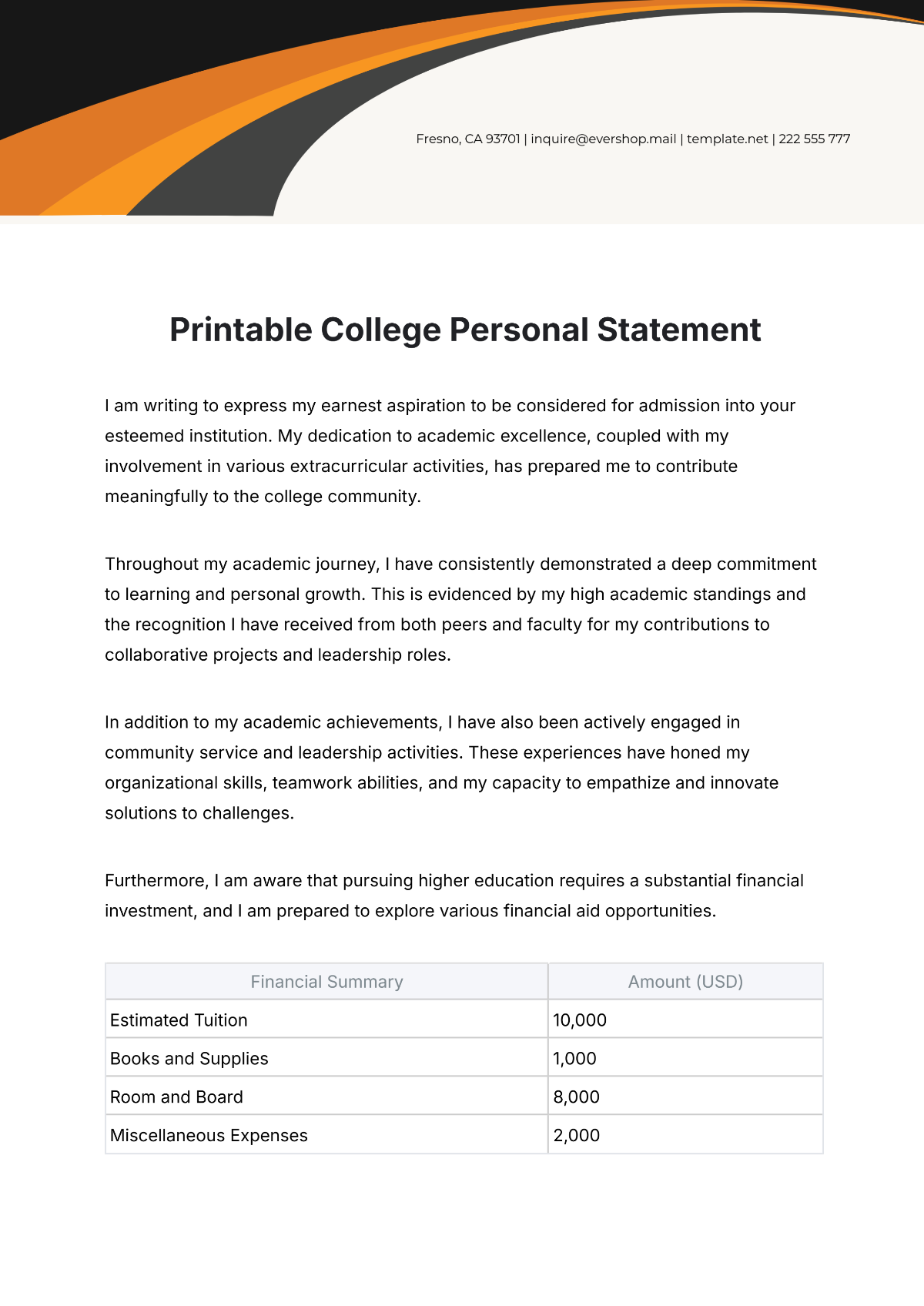 Printable College Personal Statement Template - Edit Online & Download