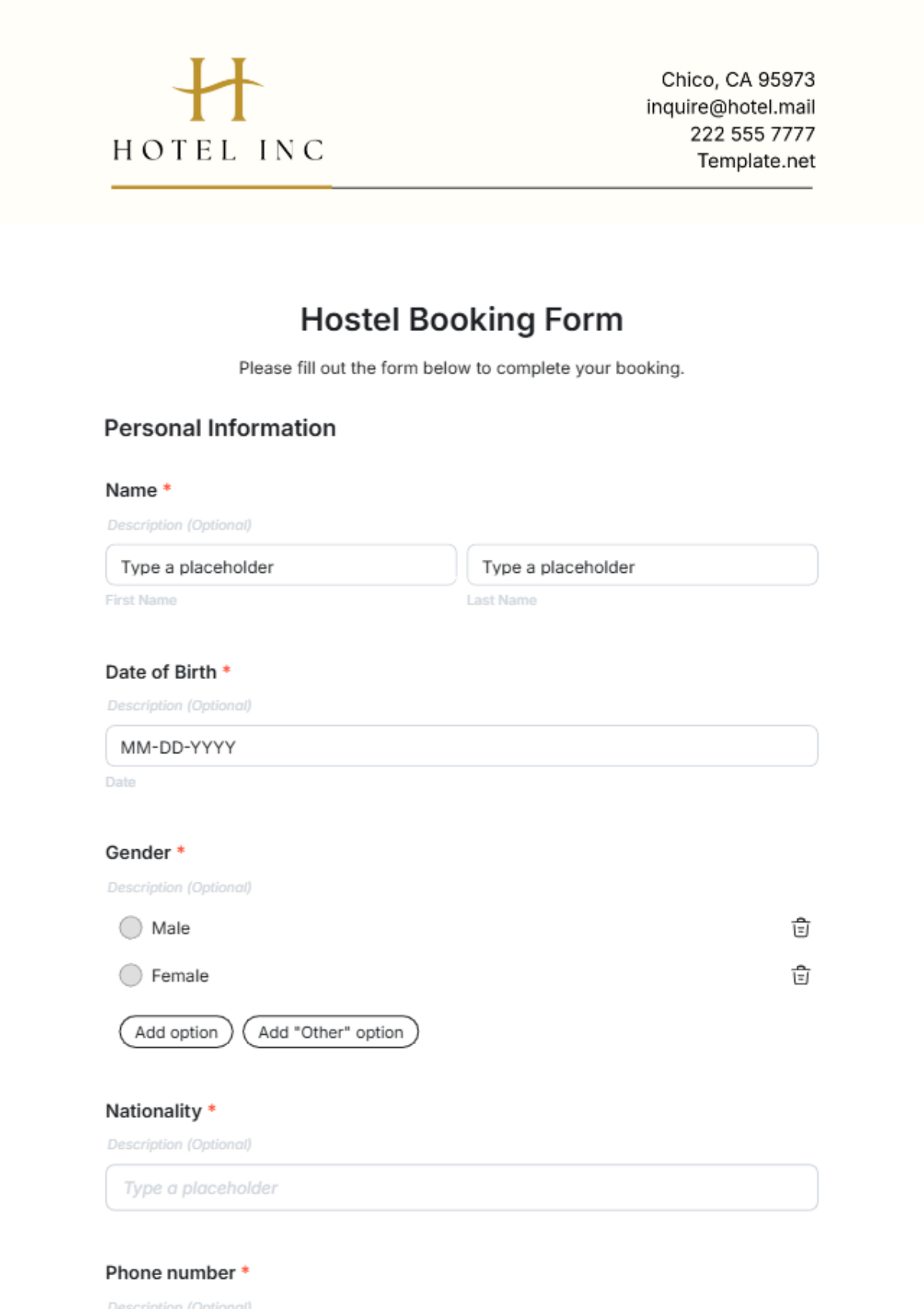 Hostel Booking Form Template - Edit Online & Download