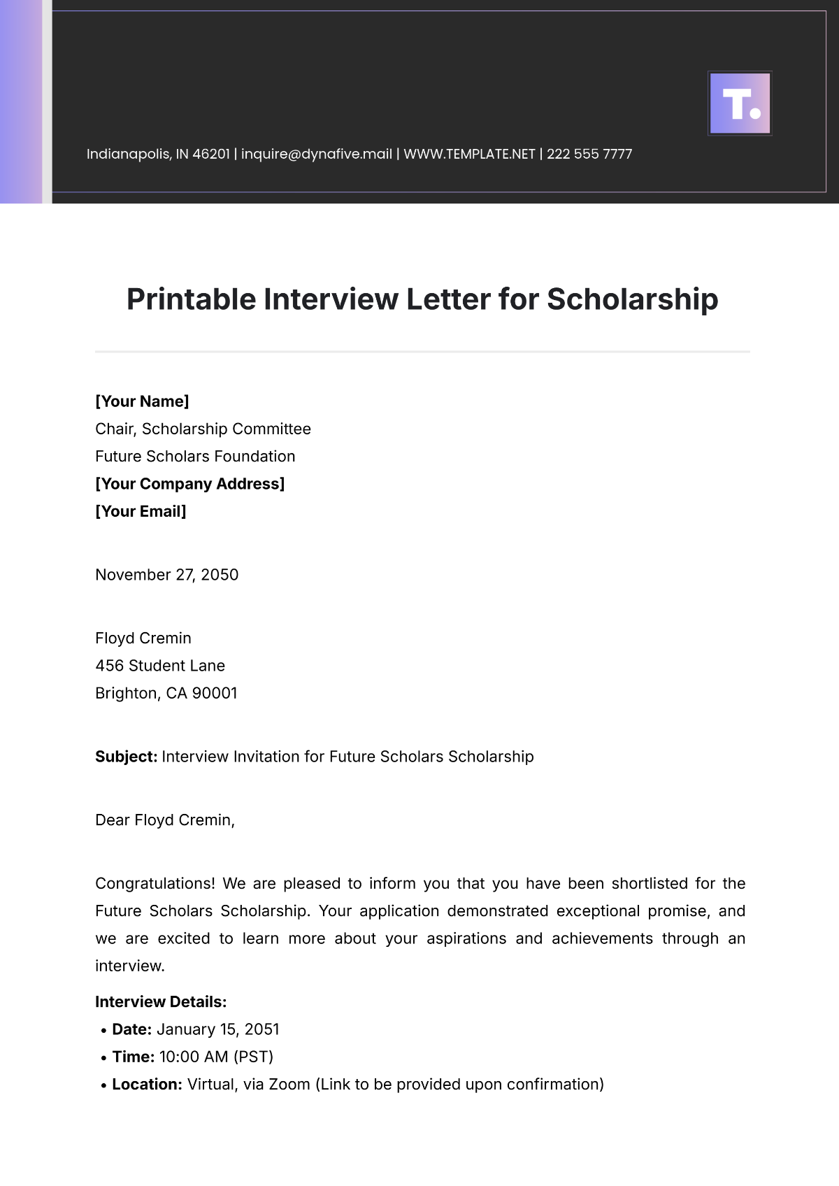 Printable Interview Letter for Scholarship Template - Edit Online & Download