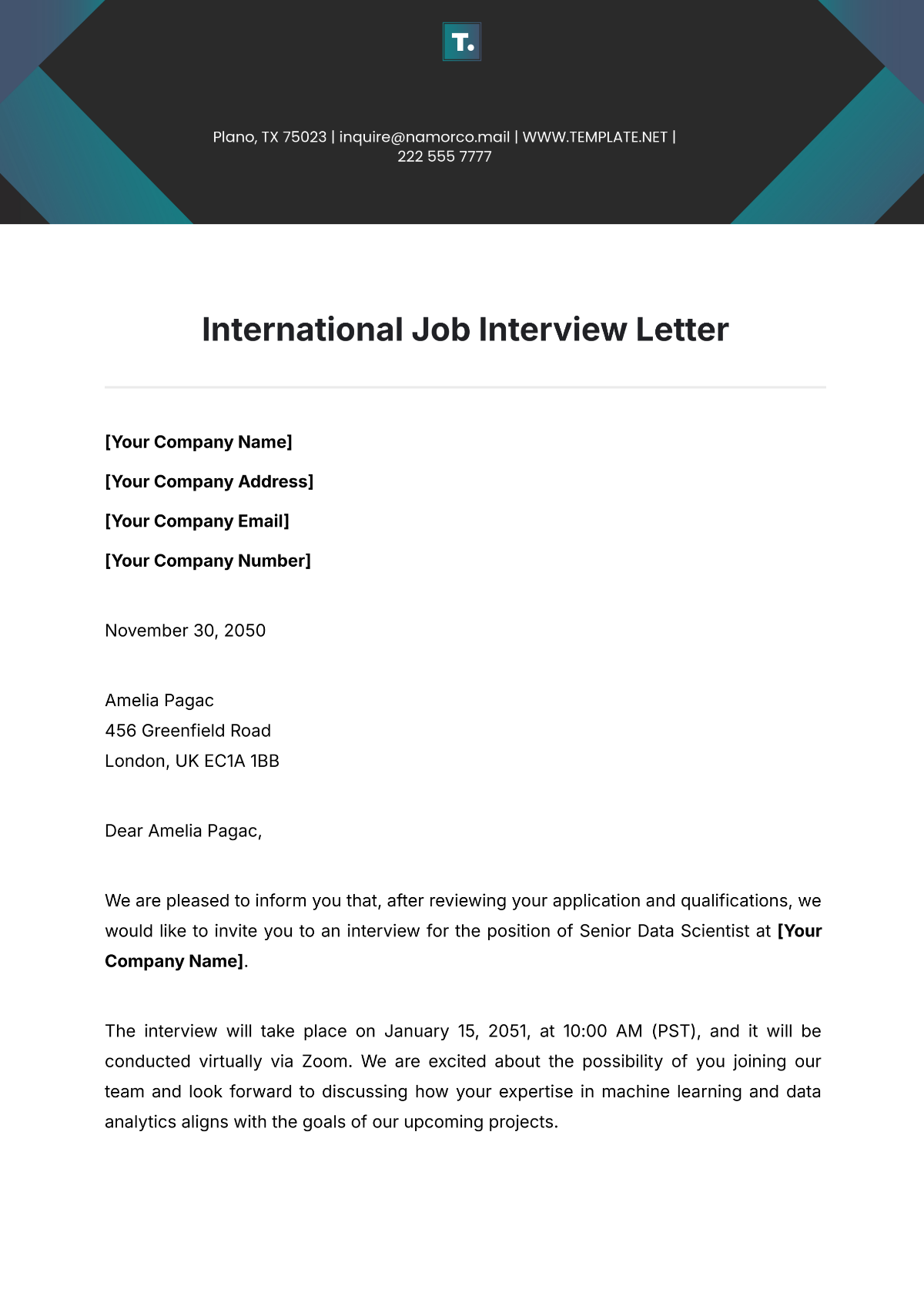 International Job Interview Letter Template - Edit Online & Download