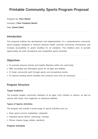 Free Printable Community Sports Program Proposal Template to Edit Online
